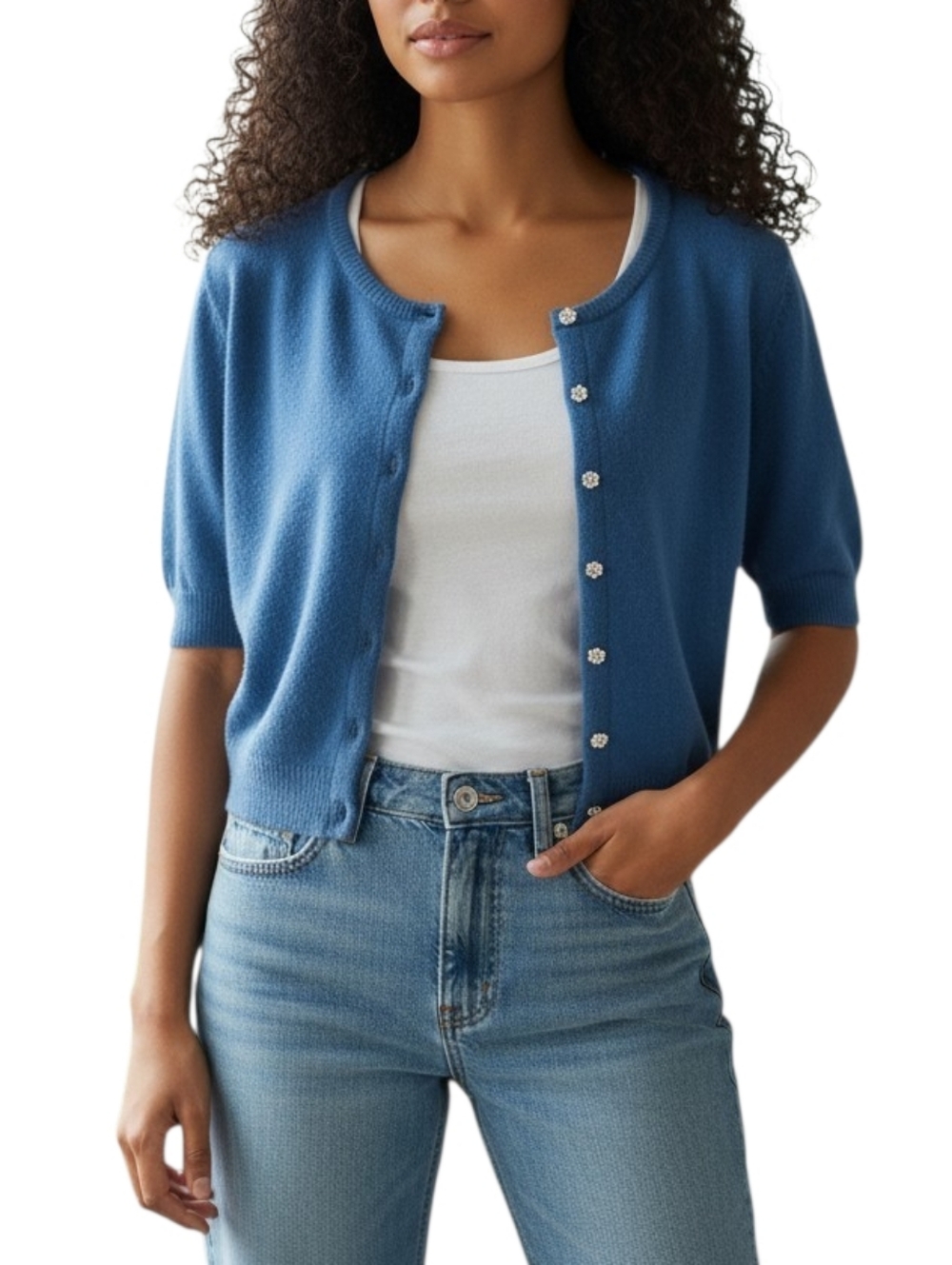 Marina Luna Short Sleeve Teal Angora Blend Cardigan Rhinestone Buttons Soft Knit
